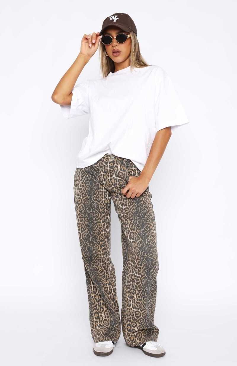 White Fox Stella Low Rise Wide Leg Jeans Leopard | LHTRYS-946