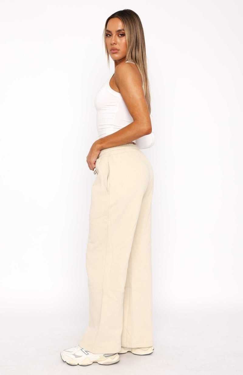 White Fox Stick With Me Wide Leg Sweatpants Sand | LPOHNE-761