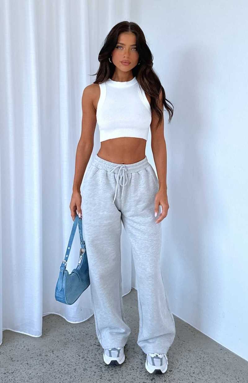 White Fox Stick With Me Wide Leg Sweatpants Grey Marle | PECDYN-792