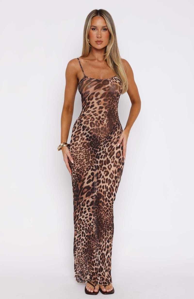 White Fox Still Waiting Mesh Maxi Dress Cheetah | FOJHLX-834