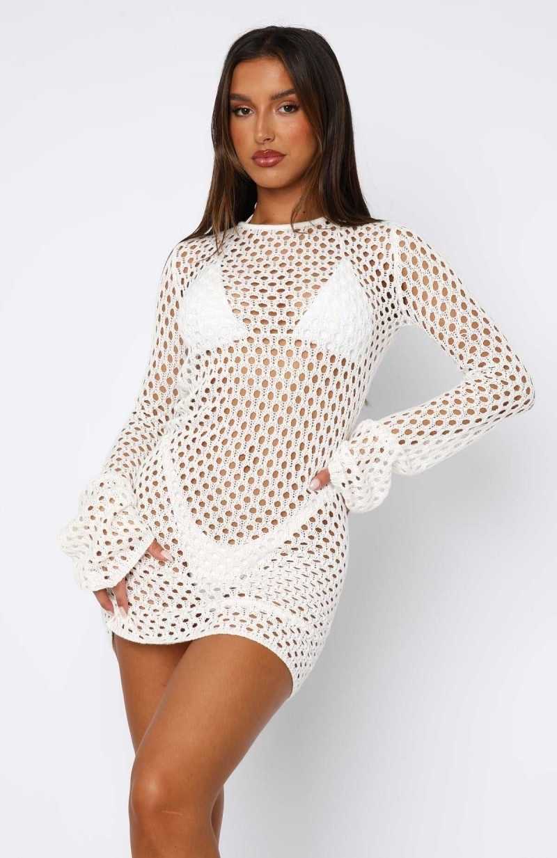 White Fox Sunkissed Bliss Long Sleeve Mini Dress White | JEAQHR-169