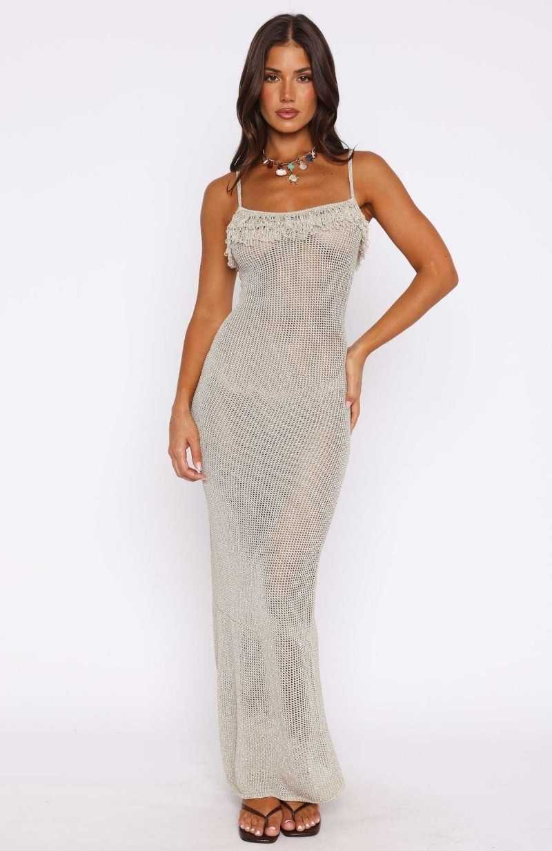 White Fox Sunset Dreamer Knit Maxi Dress Champagne | ZWMIYB-923