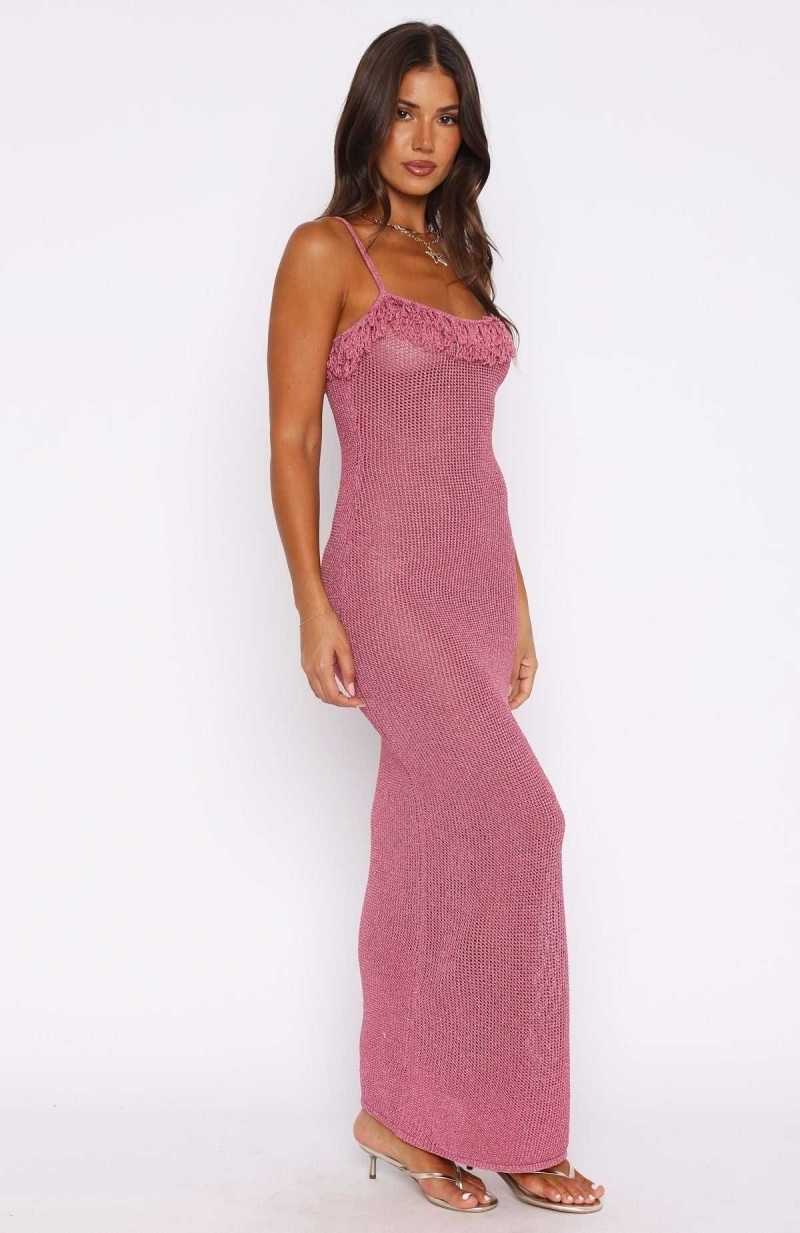 White Fox Sunset Dreamer Knit Maxi Dress Strawberry Pink | WZUDOI-951