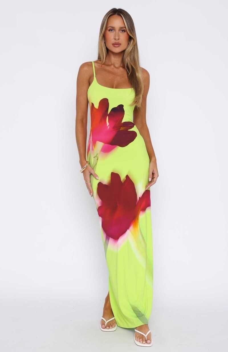 White Fox Take A Breath Maxi Dress Lime Blossom | MAISBE-285