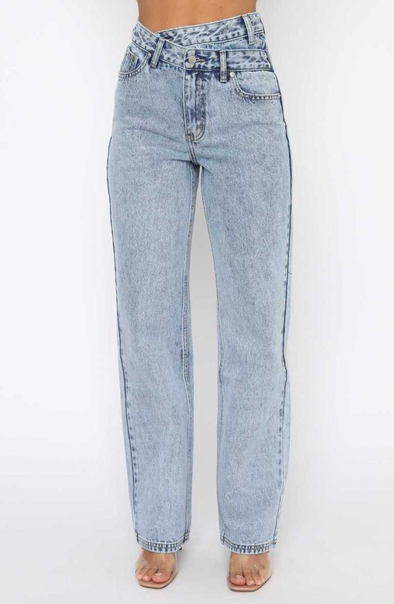 White Fox Take My Time High Rise Straight Leg Jeans Washed Blue | DWLFUT-863