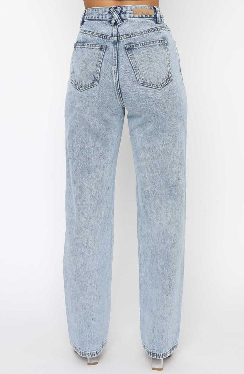 White Fox Take My Time High Rise Straight Leg Jeans Washed Blue | DWLFUT-863