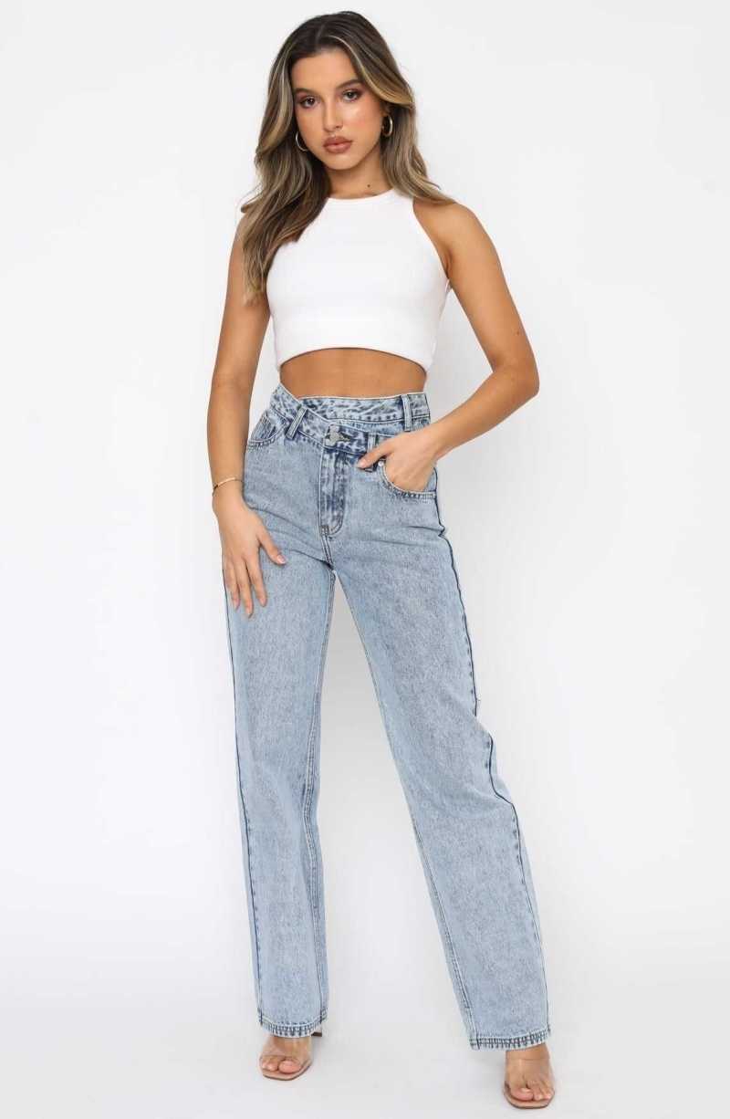 White Fox Take My Time High Rise Straight Leg Jeans Washed Blue | DWLFUT-863