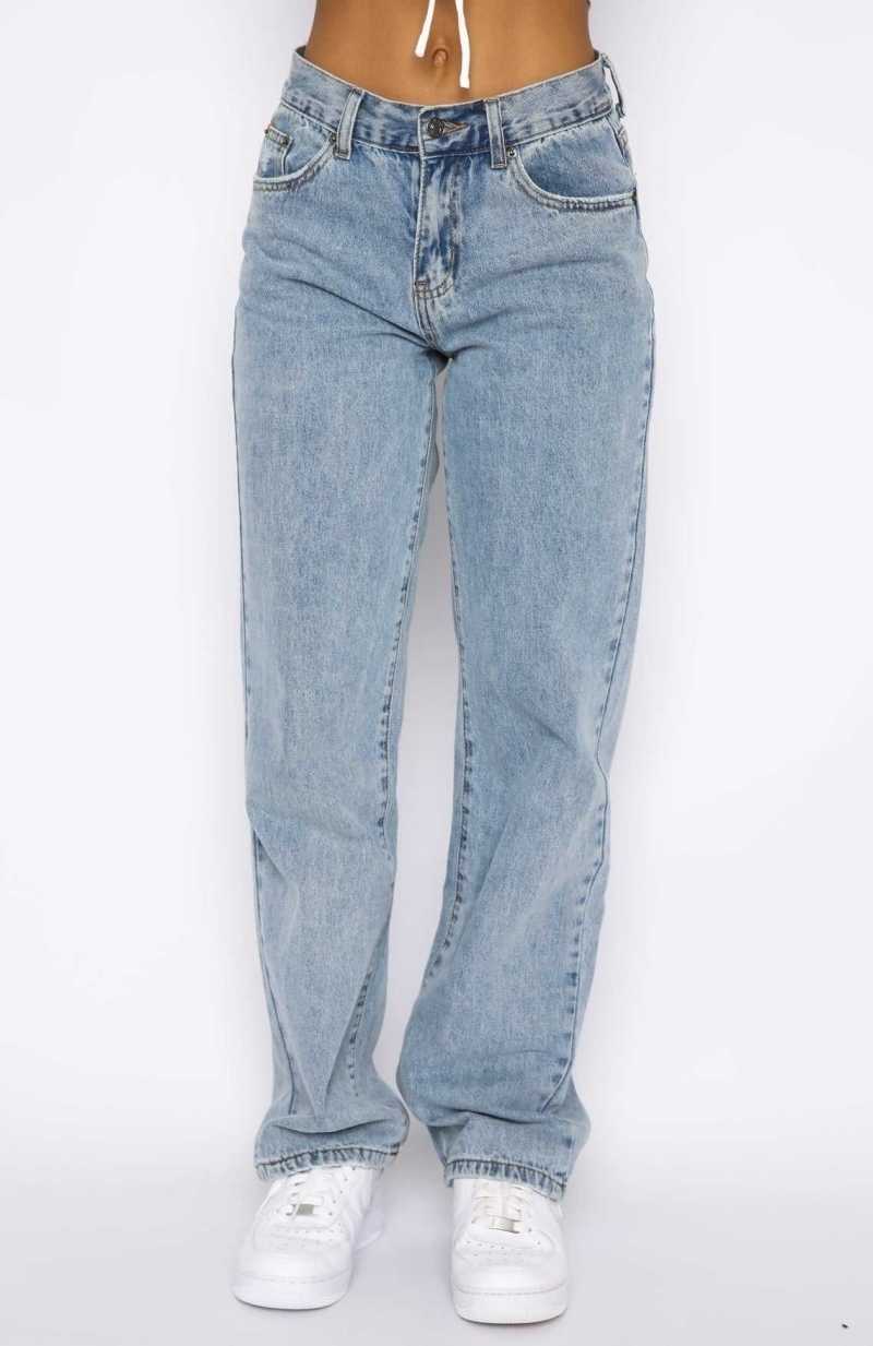 White Fox Taking A Trip Mid Rise Straight Leg Jeans Blue Wash | NEVQUZ-076