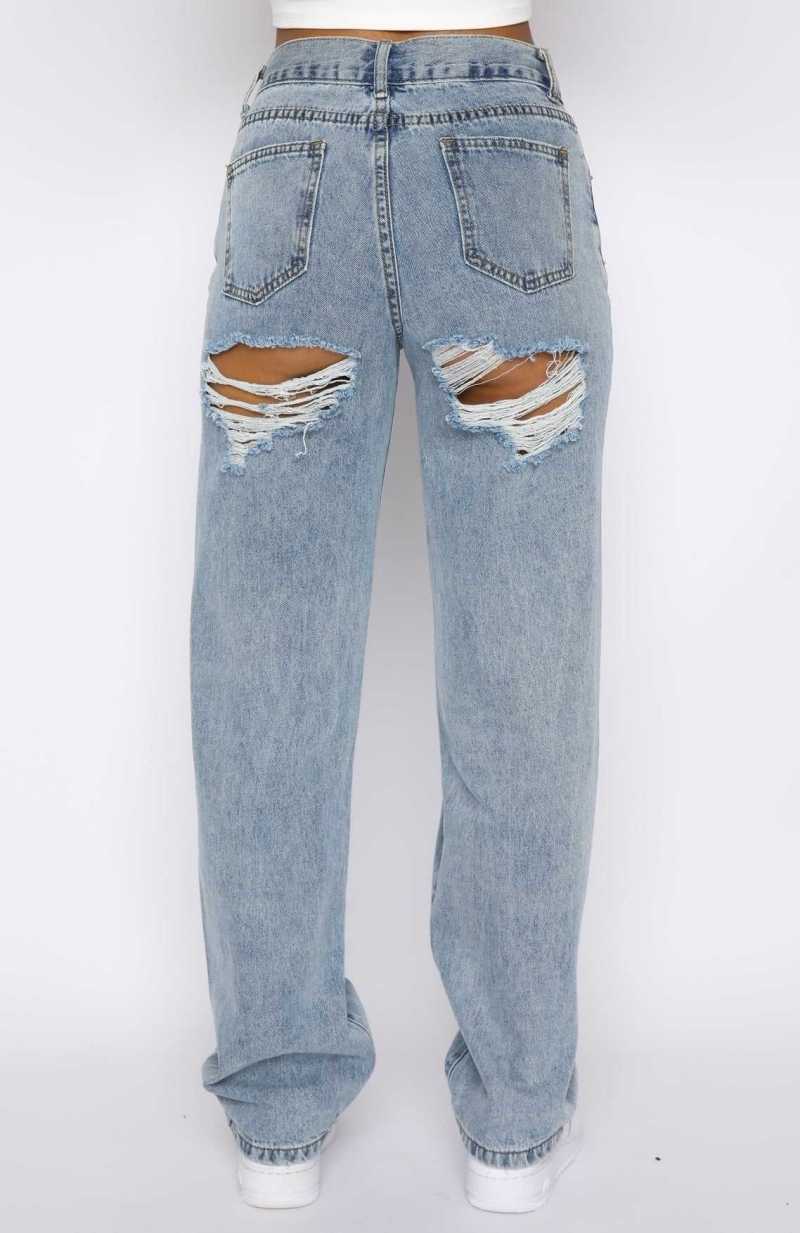 White Fox Taking A Trip Mid Rise Straight Leg Jeans Blue Wash | NEVQUZ-076