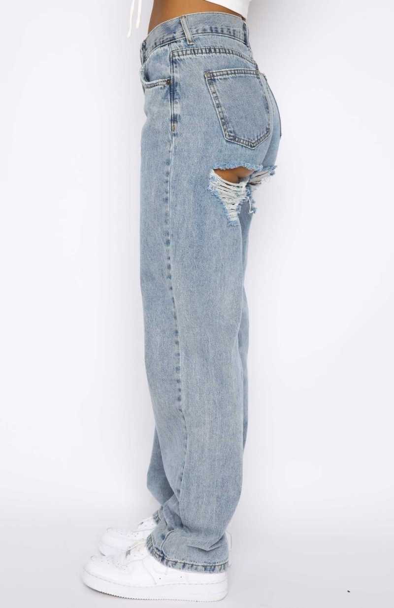 White Fox Taking A Trip Mid Rise Straight Leg Jeans Blue Wash | FNXHKR-685