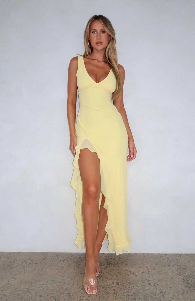 White Fox Tell Me Everything Maxi Dress Lemon | GVFHTQ-356