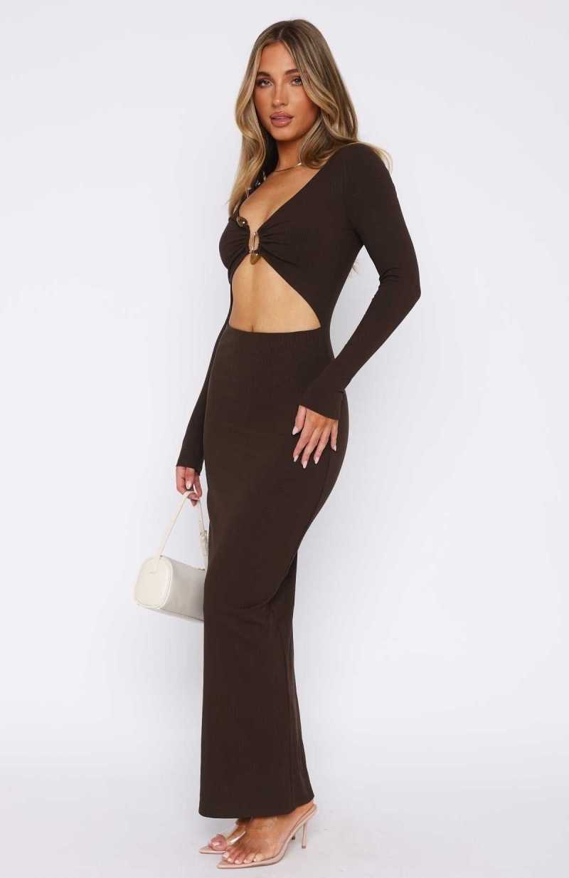 White Fox Thinking Clearly Long Sleeve Maxi Dress Chocolate | GDYXLF-768