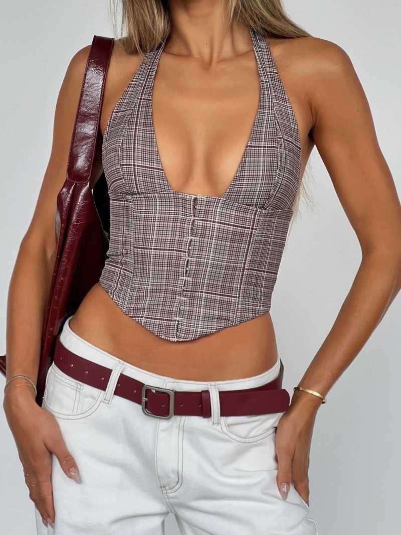 White Fox Throw It Away Bustier Mocha Check | UIEAJV-461