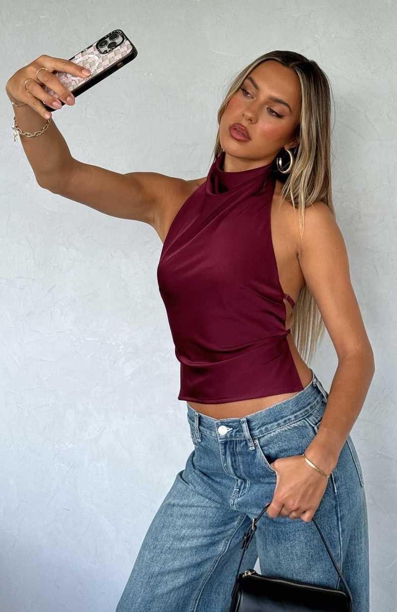 White Fox Time Passes Halter Top Merlot | MZWOCR-378