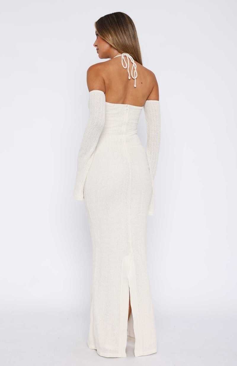 White Fox To The Beach Long Sleeve Maxi Dress Cream | ZMOUVP-943