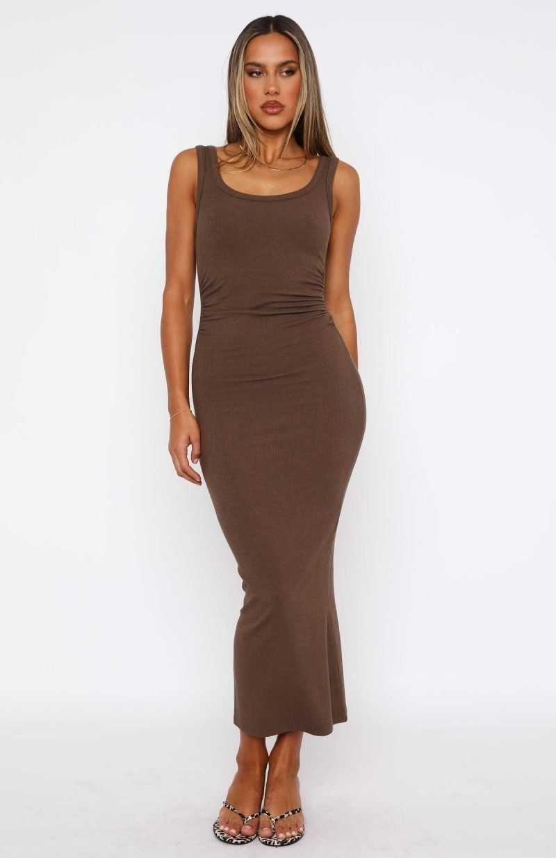 White Fox Told You So Ribbed Midi Dress Espresso | JXWMPU-413