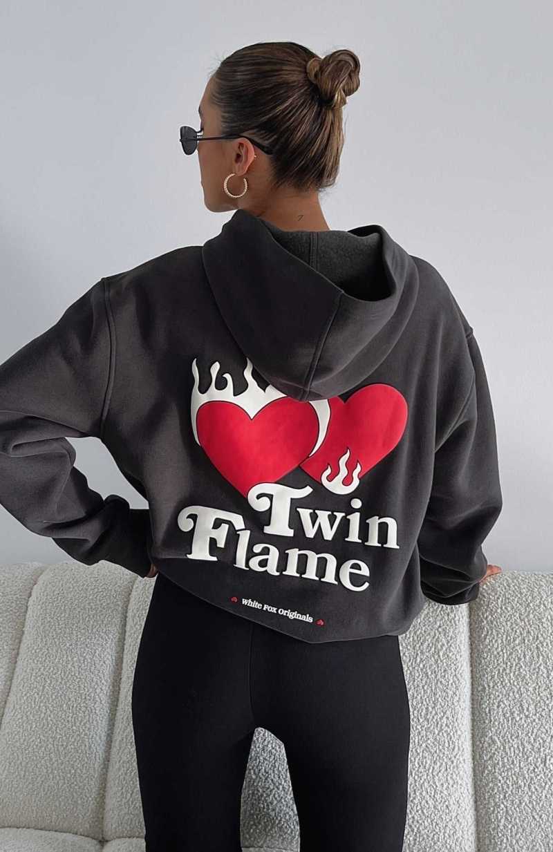 White Fox Twin Flame Oversized Hoodie Charcoal | MGHKNU-391