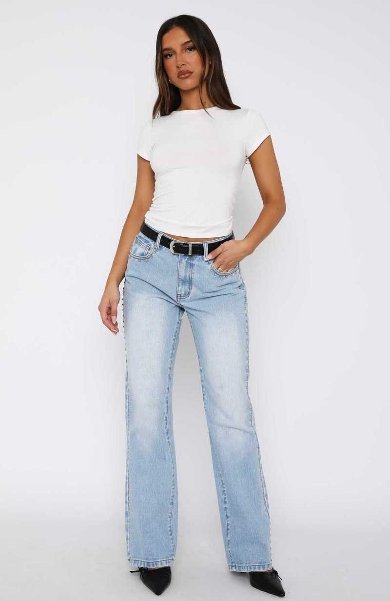 White Fox Unmatched Studded Mid Rise Straight Leg Jeans Cerulean Wash | KEHADZ-973