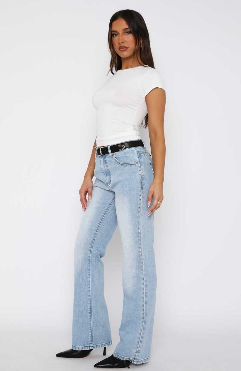 White Fox Unmatched Studded Mid Rise Straight Leg Jeans Cerulean Wash | KEHADZ-973