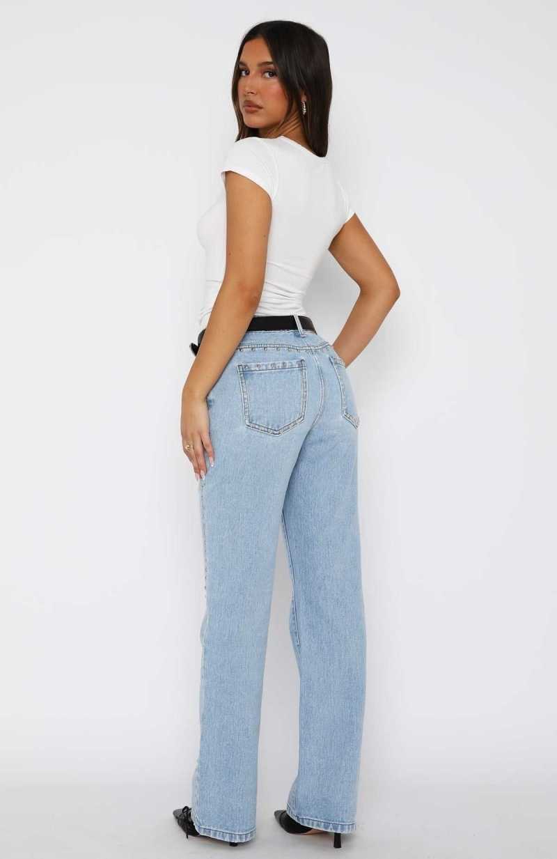 White Fox Unmatched Studded Mid Rise Straight Leg Jeans Cerulean Wash | KEHADZ-973