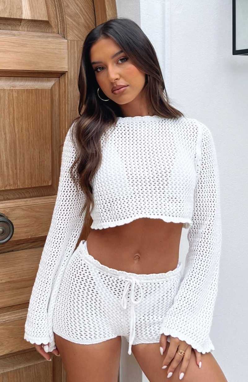 White Fox Want To Want Me Long Sleeve Crochet Top White | GQBMRU-042