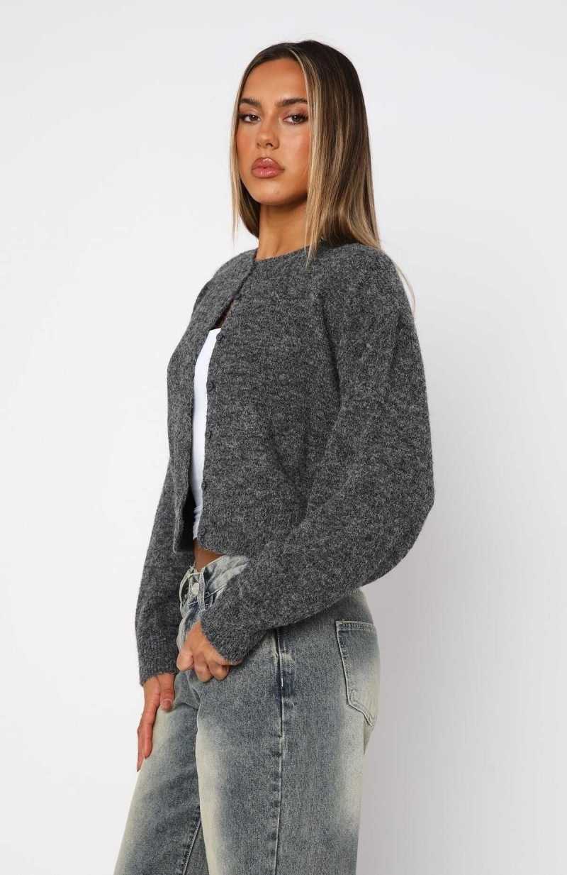 White Fox Warm Whispers Knit Cardigan Charcoal | NTSZAC-908