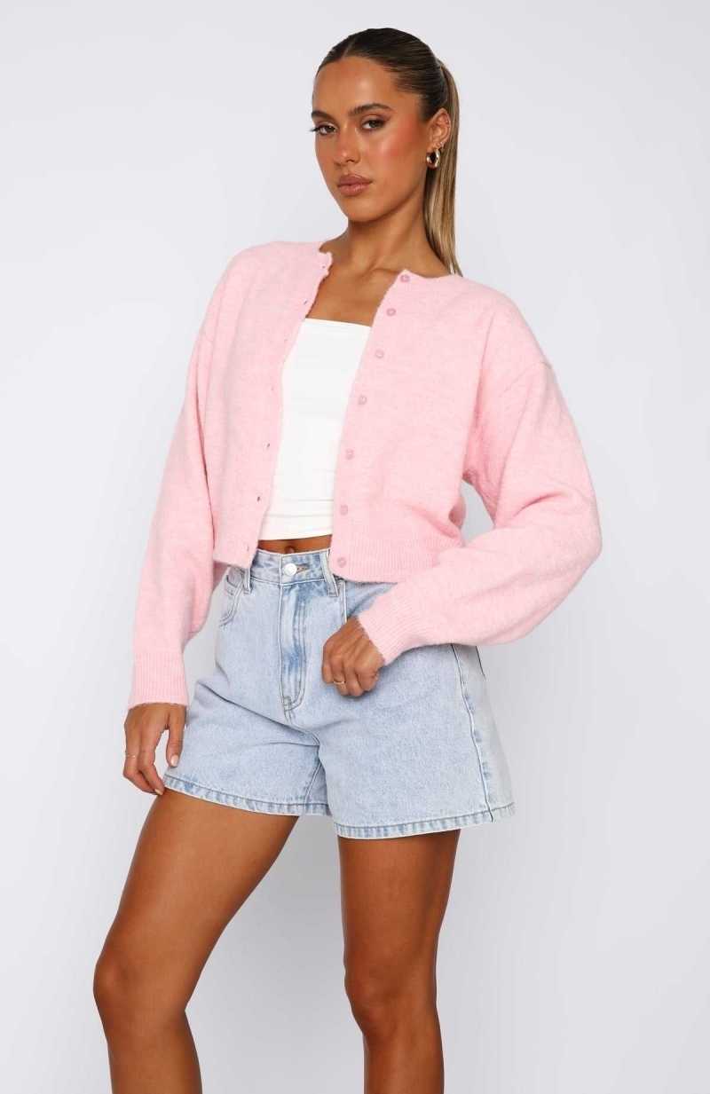 White Fox Warm Whispers Knit Cardigan Fairy Floss | TFDWAX-402