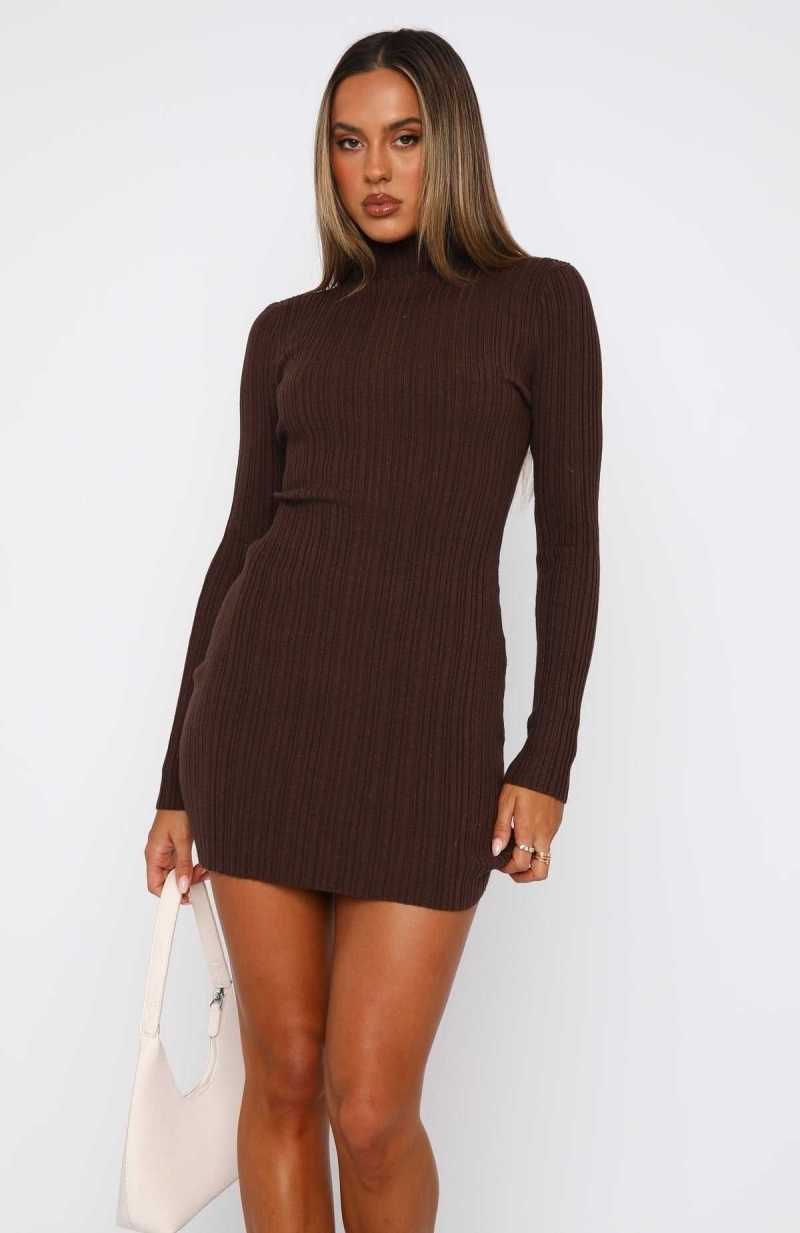 White Fox Way Too Easy Long Sleeve Mini Dress Coffee | WVZYTH-732