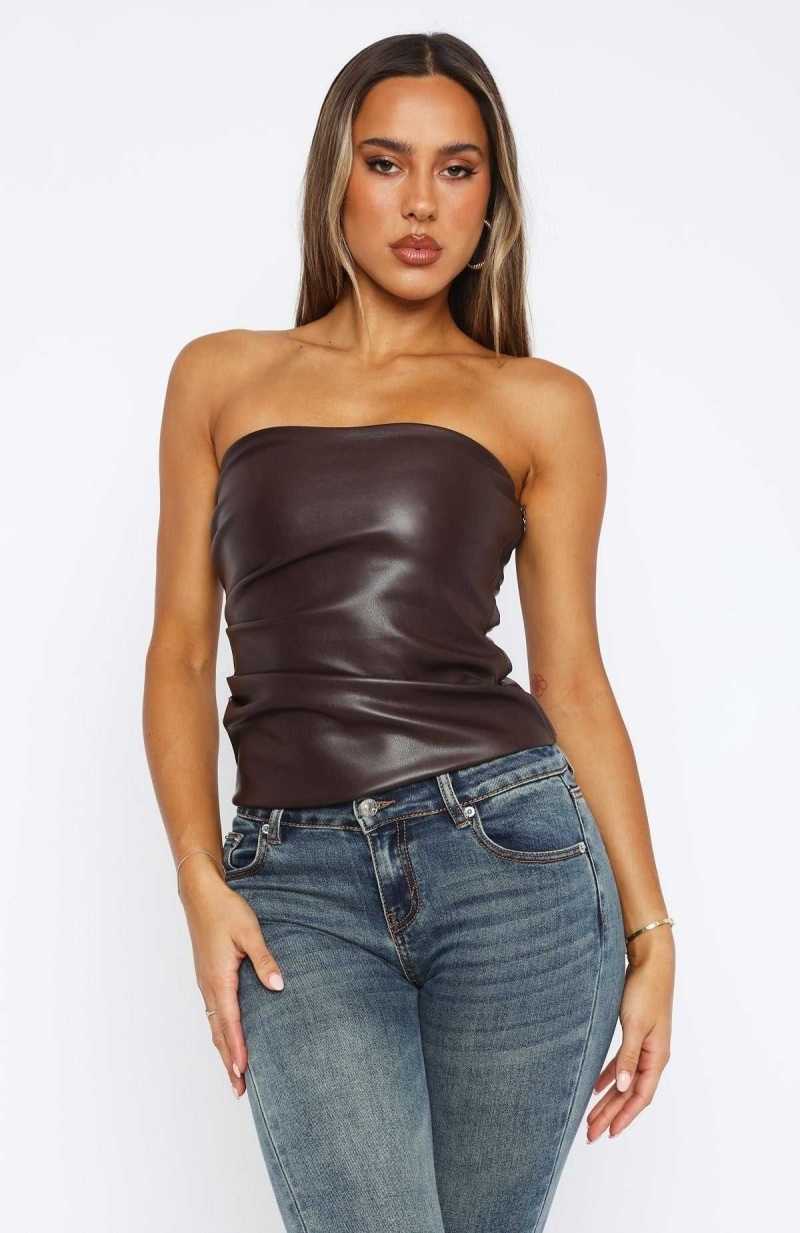 White Fox Well Behaved Strapless PU Bustier Chocolate | HETOGW-516