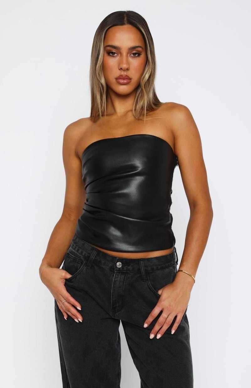 White Fox Well Behaved Strapless PU Bustier Black | DGFLNW-702