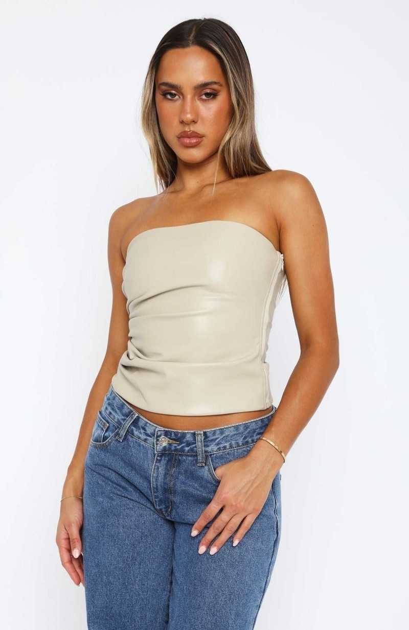 White Fox Well Behaved Strapless PU Bustier Taupe | WMTZQN-579