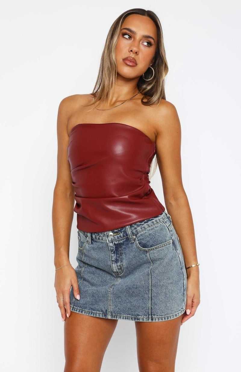 White Fox Well Behaved Strapless PU Bustier Wine | XEJYZL-175