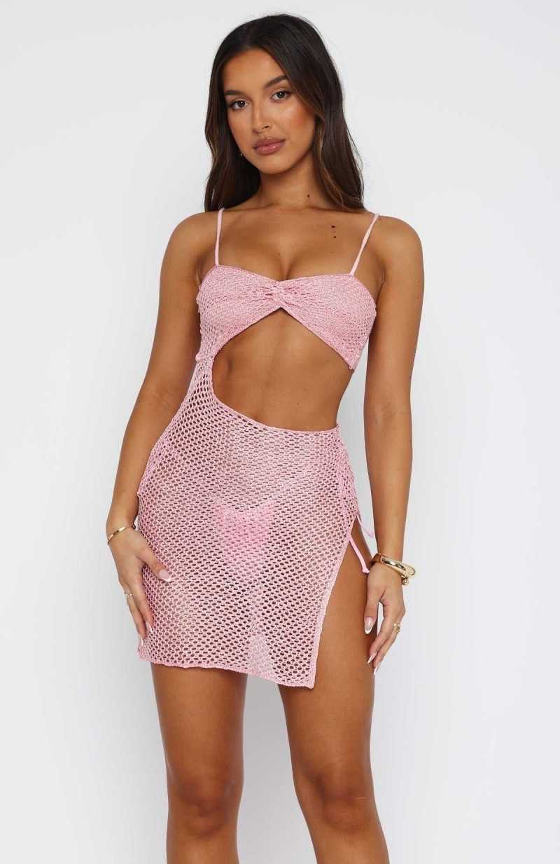 White Fox What About Us Crochet Mini Dress Pink | TDRCOP-254