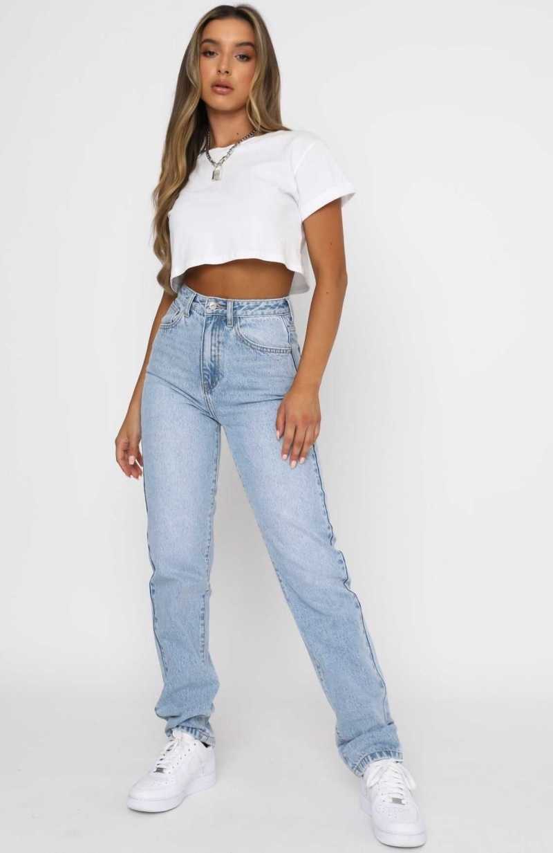 White Fox Who's That Girl Straight Leg Denim Jeans Washed Blue | OPZAKL-268