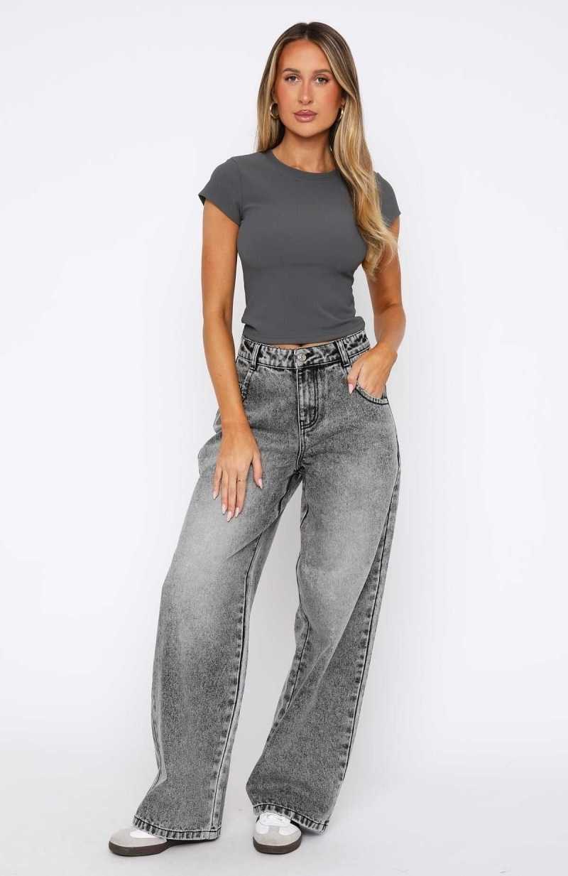 White Fox Willow Mid Rise Wide Leg Jeans Grey Acid Wash | GJVZFT-132