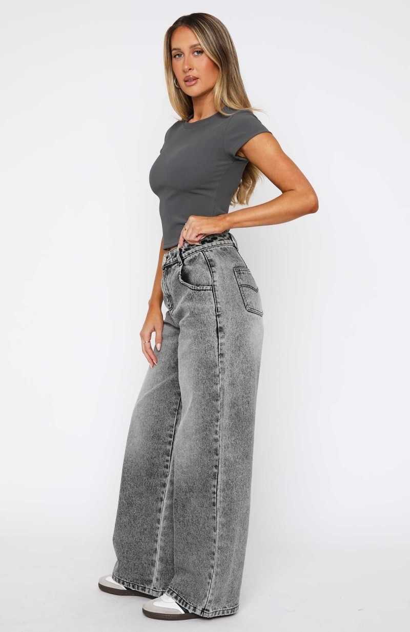 White Fox Willow Mid Rise Wide Leg Jeans Grey Acid Wash | GJVZFT-132