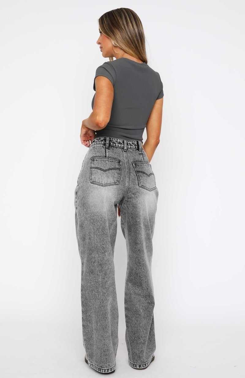 White Fox Willow Mid Rise Wide Leg Jeans Grey Acid Wash | GJVZFT-132