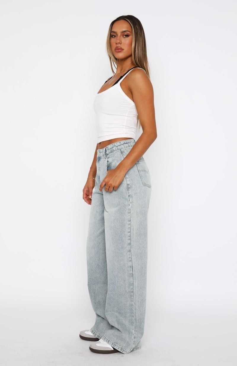 White Fox Willow Mid Rise Wide Leg Jeans Light Blue Acid Wash | BAOHYL-783