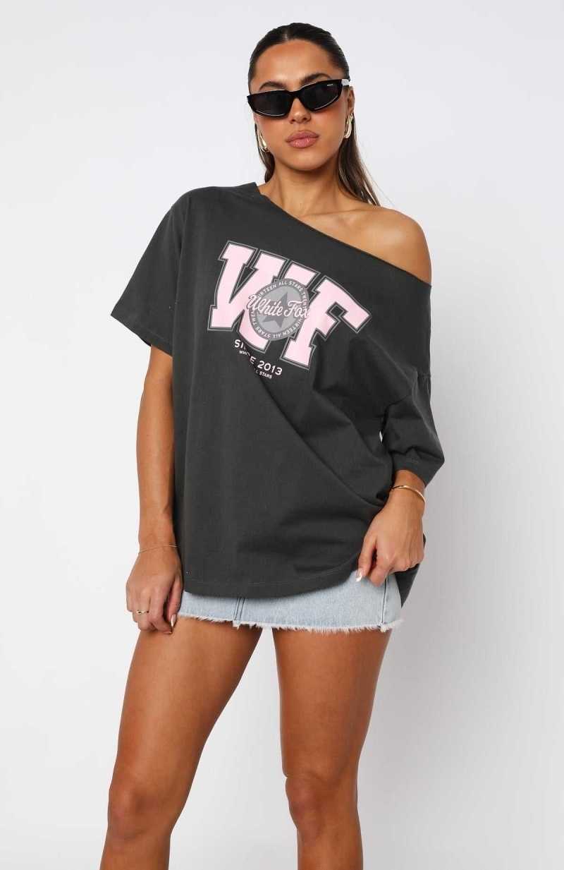 White Fox Your Favourite View Off Shoulder Oversized Tee Charcoal | DJANLG-498